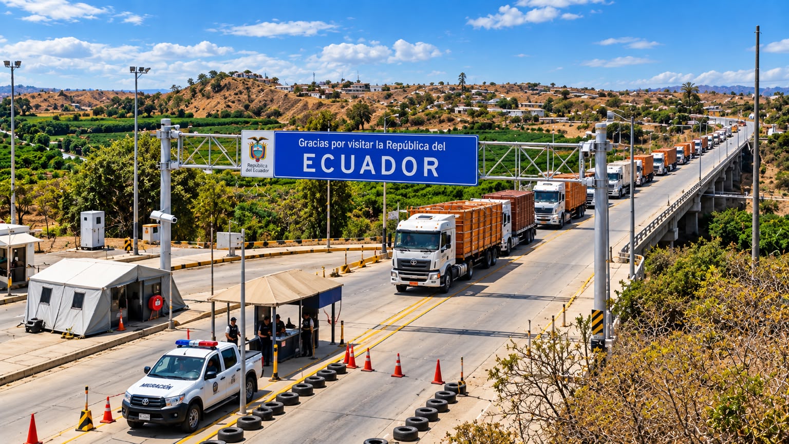 Paso fronterizo del Ecuador con fila de camiones de carga en control migratorio