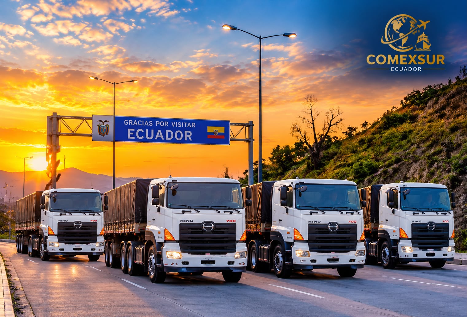 Flota de camiones de Comexsur en la frontera del Ecuador al atardecer