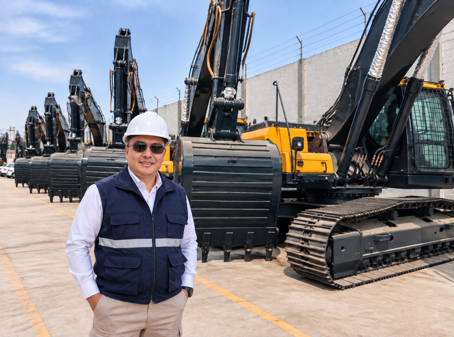 Supervisor de Comexsur junto a una fila de excavadoras importadas